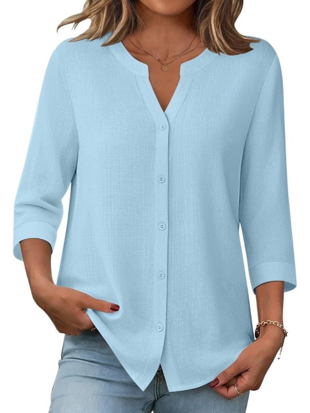 Women Light Blue Button Down Sleeve Linen Cotton V Neck Casual Loose Work Blouse